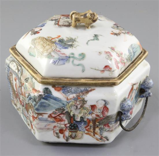 A Chinese famille rose hexagonal food warming vessel, cover and liner, Tongzhi mark and of the period (1862-74), width 16cm